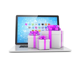 Gift box with ribbon bow on laptop keyboard. 3d rendering.