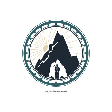 Mountain Mining, Logo Design Element, Miner against Mountains,Emblem of the Mining Industry, Label and Badge Mine Shaft, Vector Illustration