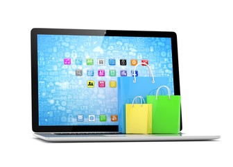 laptop and  shopping pags on white background. 3d rendering.