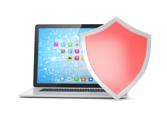 Laptop and shield on white, computer security concept. 3d rendering.