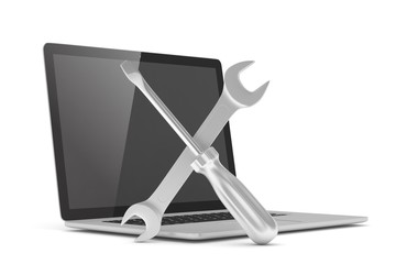 3D Illustration Wrench and screwdriver on laptop, service concept