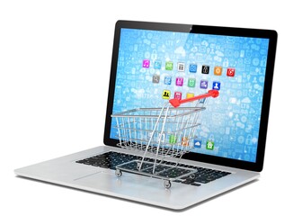 Shopping cart on laptop. 3d rendering.
