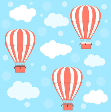 Hot air balloons and clouds. Vector pattern.