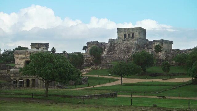 establishing shot of tulum mayan site temple no people