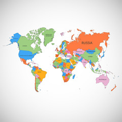 Naklejka premium Mapa świata z nazwami krajów i kontynentów. Ilustracji wektorowych.