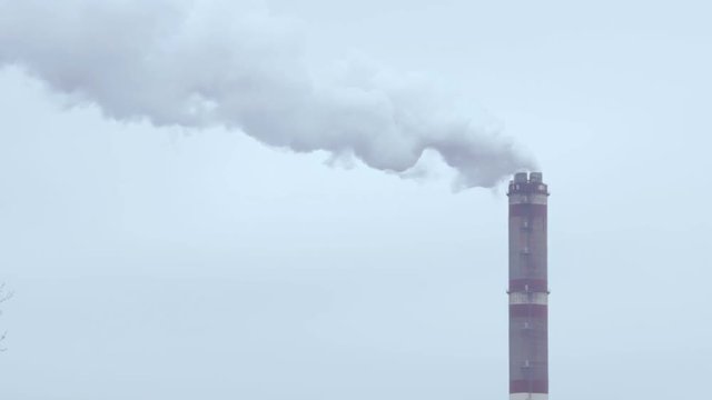 Thick Gray Smoke Power Plant Chimney. Air Pollution Concept.