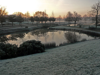 Brillant et lumineux lever de soleil sur un paysage de campagne blanchi par le givre de l'hiver. Le...