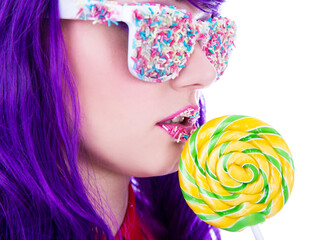 close up portrait of beautiful woman with purple hair, lollipop