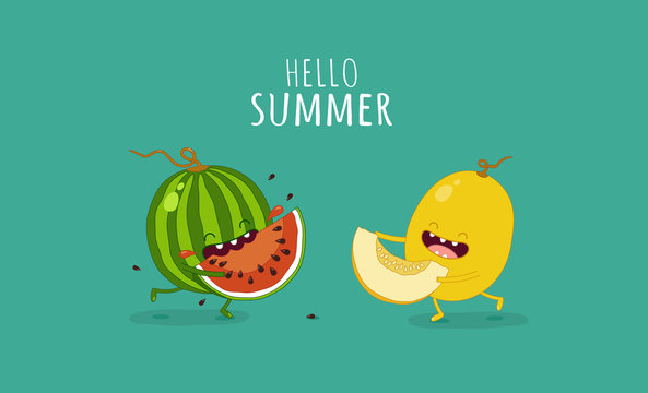 Funny watermelon and melon. Hello summer. Use for card, poster, banner, web design and print on t-shirt. Easy to edit. Vector illustration.