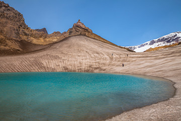 The turquoise lake in a crater