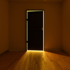 Dunkler Raum mit einer beleuchteten Tür