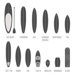 Set of surfboard types, volume shapes in scale. Different silhouettes isolated Infographics