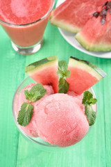 Watermelon sorbet in bowl