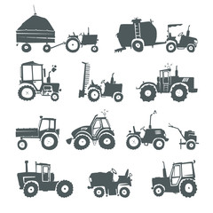 Tractors. Set of vector funny tractors and specialized equipment isolated on white background. Simple silhouettes icons farm machinery. Web design elements for business, site, mobile app.