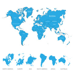 World map with the name of countries and continents. Vector illustration.