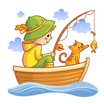 Fishing vector illustration. Boy in a boat fishing with cat. Cartoon Fisherman.