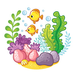 Сartoon underwater life. Vector illustration. Sea, fish, algae, corals.Cartoon concept of wildlife in the ocean.