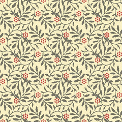 Seamless background image of garden green spiral leaf red flower.
