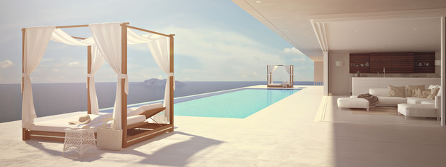 luxury swimming pool in santorini. color edit. 3d rendering