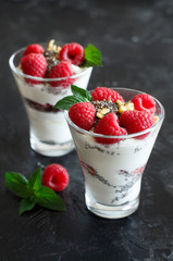 Yogurt with chia seeds, walnuts and raspberries