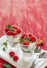 Yogurt with chia seeds, walnuts and raspberries