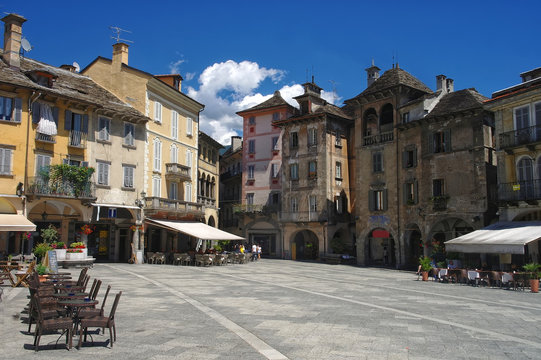 View on central square of Domodossola, Piedmont, Italy
