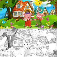 Cartoon scene of two happy pigs dancing in front of their houses - with coloring page -  illustration for the children