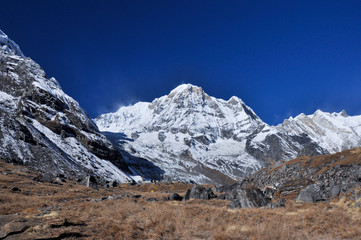 Obraz premium Himalayas mountain in background, clear blue sky, Nepal.