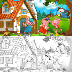 Cartoon scene of two running pigs to the house of their brother - illustration for children
