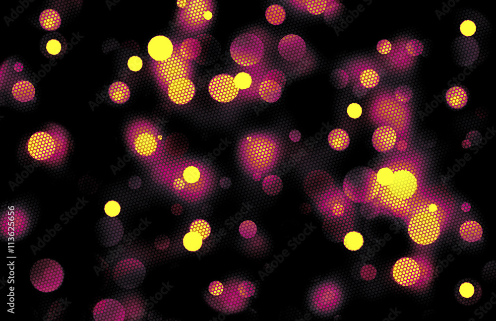 Poster muted illuminated bokeh with halftone effect in purple and yellow