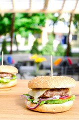 Burger on the background of wood