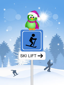 bird on skilift sign
