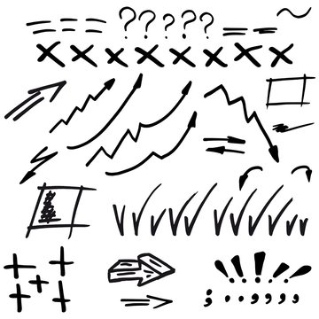 Black marker. Hand drawn arrows, question marks, exclamation marks, check marks.
