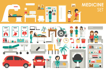 Medical Big Collection in flat design background concept. Infographic elements set with hospital staff doctor and nurse around medicine tools equipment