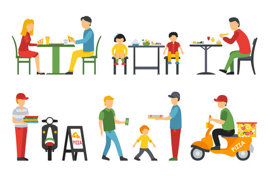 People in a flat interior. Pizza icons set. Customers, Bistro, Waiters, Delivery, Scooter. Pizzeria conceptual web vector illustration. 