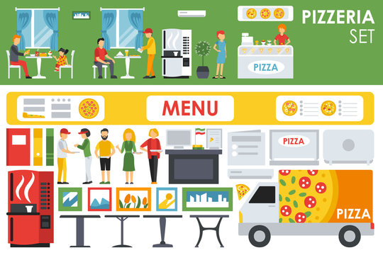Big detailed Pizzeria Interior flat icons set. Menu, Waiter, Tables. Pizza conceptual web vector illustration. 