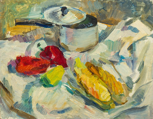 Beautiful Original Oil Painting of  still life  .pan peppers corn on tissue On Canvas in the style of Impressionism