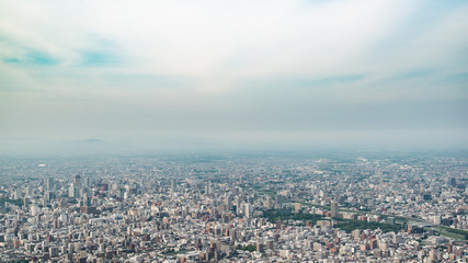 Panoramic view of Sapporo city in the evening of springtime