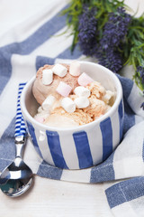 Homemade vanilla and chocolate ice cream with marshmallow, serve