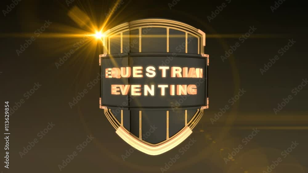 Aufkleber seamless looping 3d animation of the word equestrian eventing on a shield – orange light version; in