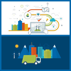 Flat green energy, ecology, eco, clean planet, urban landscape concept.