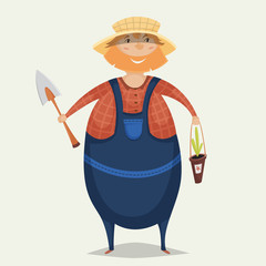 Farmer with shovel and plant. Funny cartoon character. Vector illustration