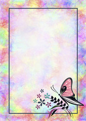 Hand drawn textured floral background with insect. Colorful vintage card with butterfly Template for letter or greeting card.Series of Watercolor,Oil,Pastel Backgrounds and Cards,Blanks,Forms.