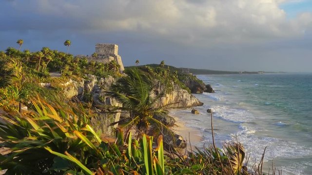 mayan ruins of tulum at sunset dolly shot lateral movement no people