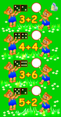 Plakat Exercises for children - need to solve examples and to write the numbers in relevant circles. Developing skills for counting. Vector image.