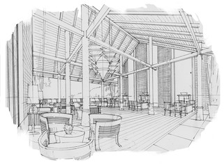 sketch stripes lobby hall, black and white interior design.