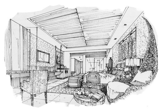 sketch stripes bedroom, black and white interior design.