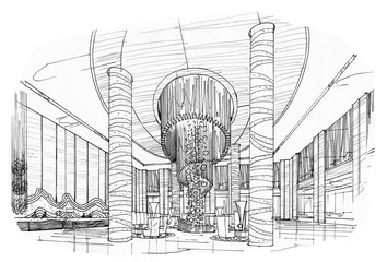 sketch stripes lobby hall, black and white interior design.