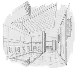 sketch stripes toilet & bathroom, black and white interior design.