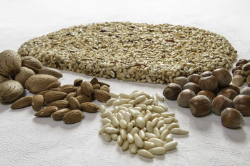 Homemade brittle, almonds, pine nut and hazelnut